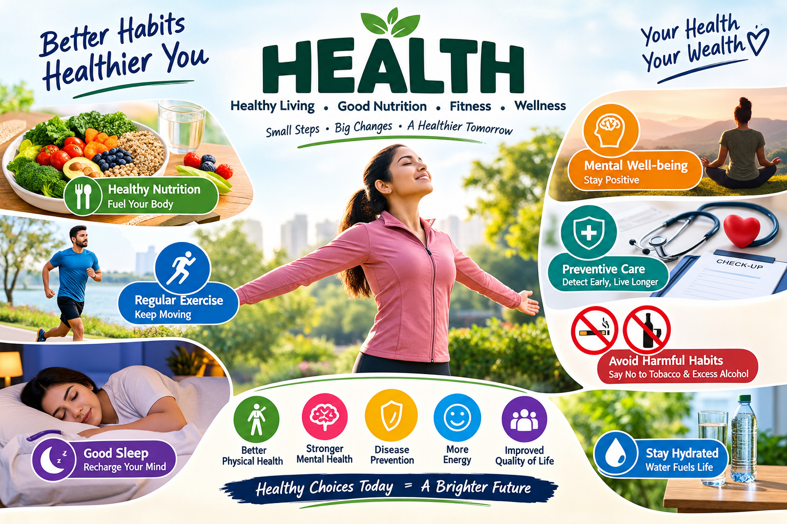 Healthy lifestyle infographic featuring nutrition, regular exercise, good sleep, mental well-being, preventive healthcare, hydration, and healthy habits for better physical and mental health.